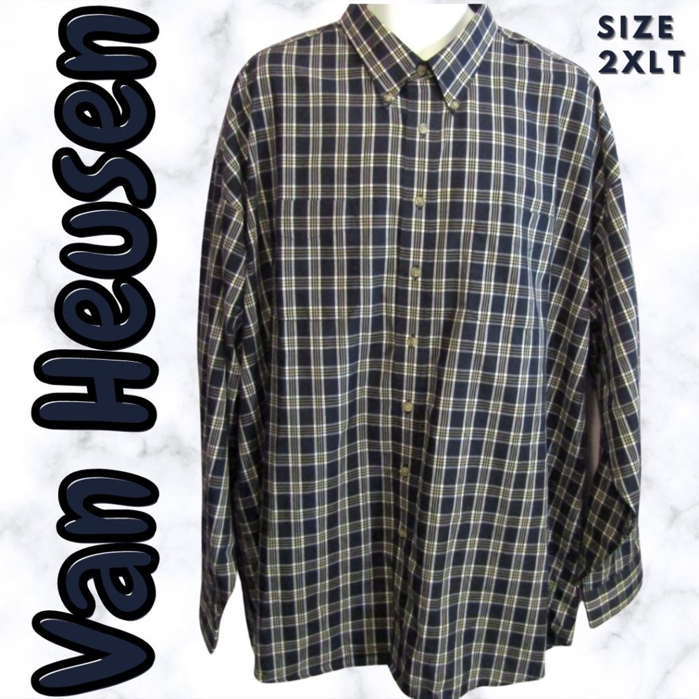 Van Heusen Mens 2XLT Blue Plaid Button Down Shirt